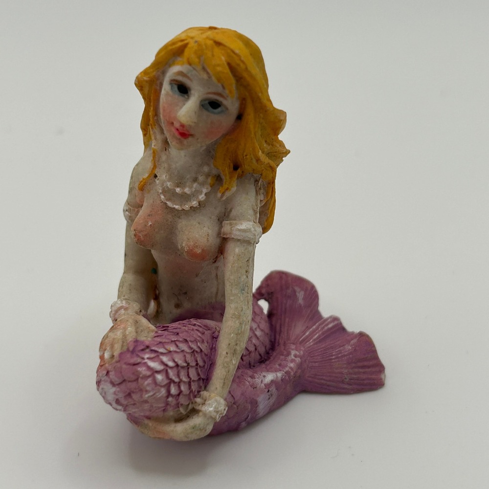 Miniature Mermaid Figurine Purple Tail Blonde Hair Nautical Decor Collectible